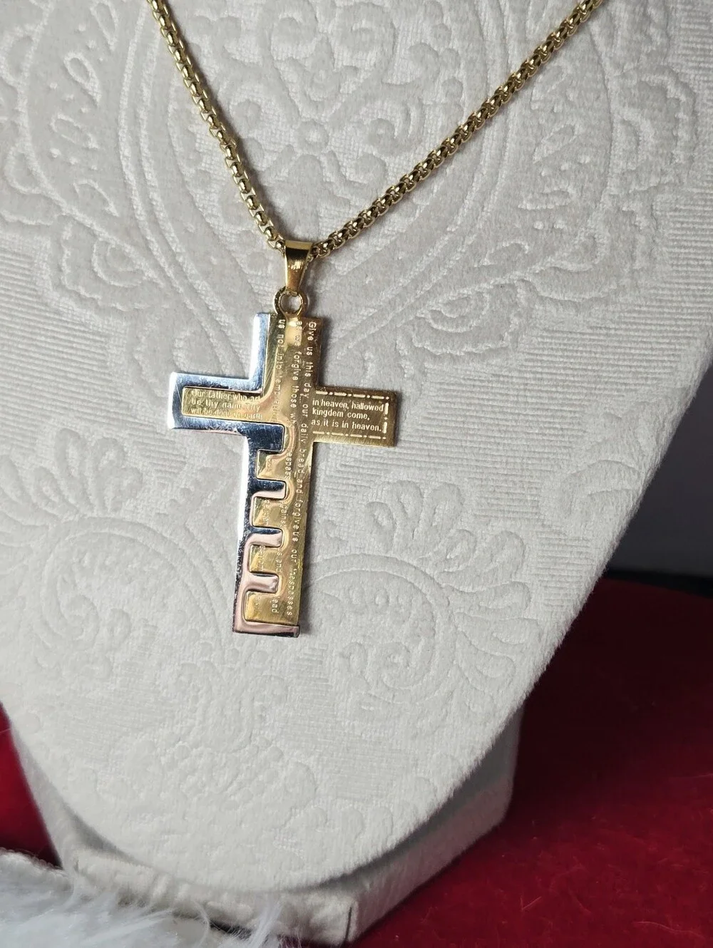 Lord's Prayer Cross Key Necklace Two Tone Stainless Steel 24